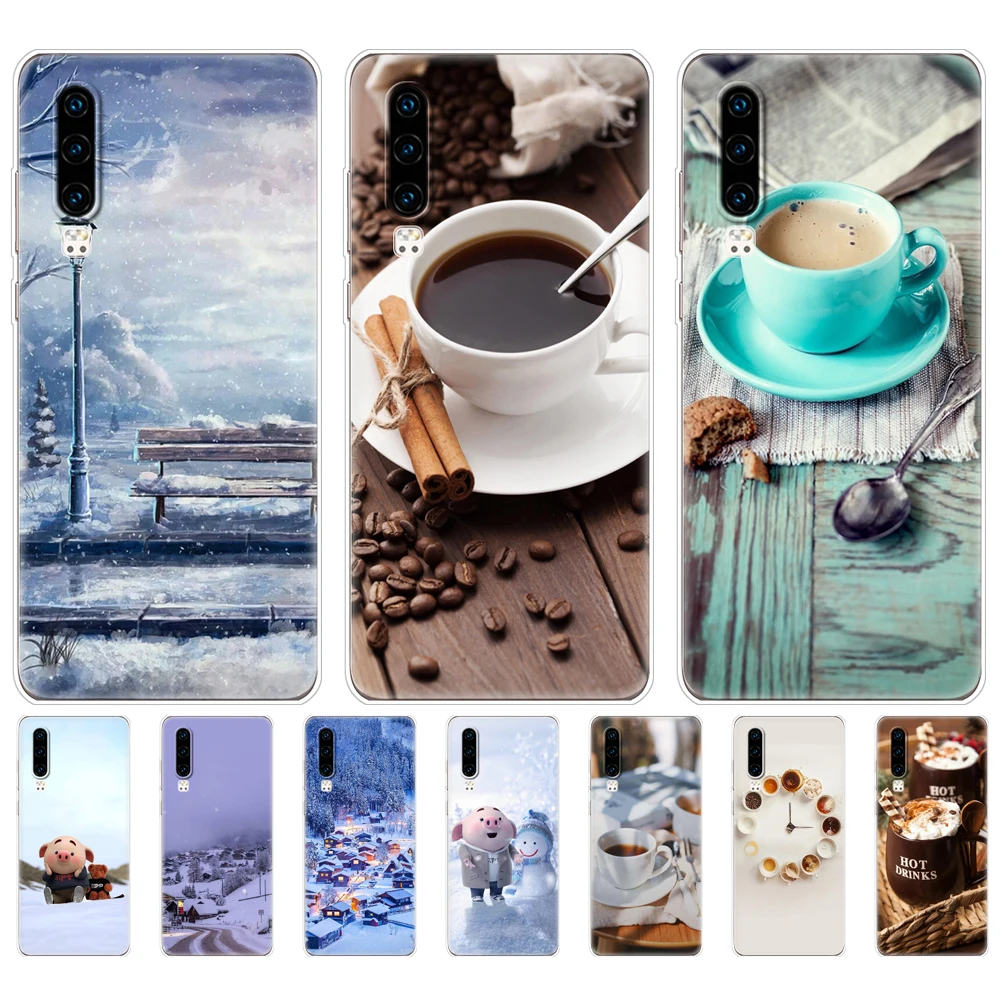 

Case For Huawei P30 PRO LITE Case Phone back Cover for huawei mate 20 pro lite p smart 2019 plus winter snow christmas coffee