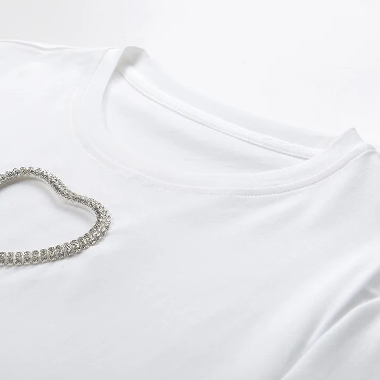 

2021 Summer T-Shirts for Women Tees Solid Tops Black White Diamonds Beading Front Hole Short Sleeve T Shirts Loose Oversize ins
