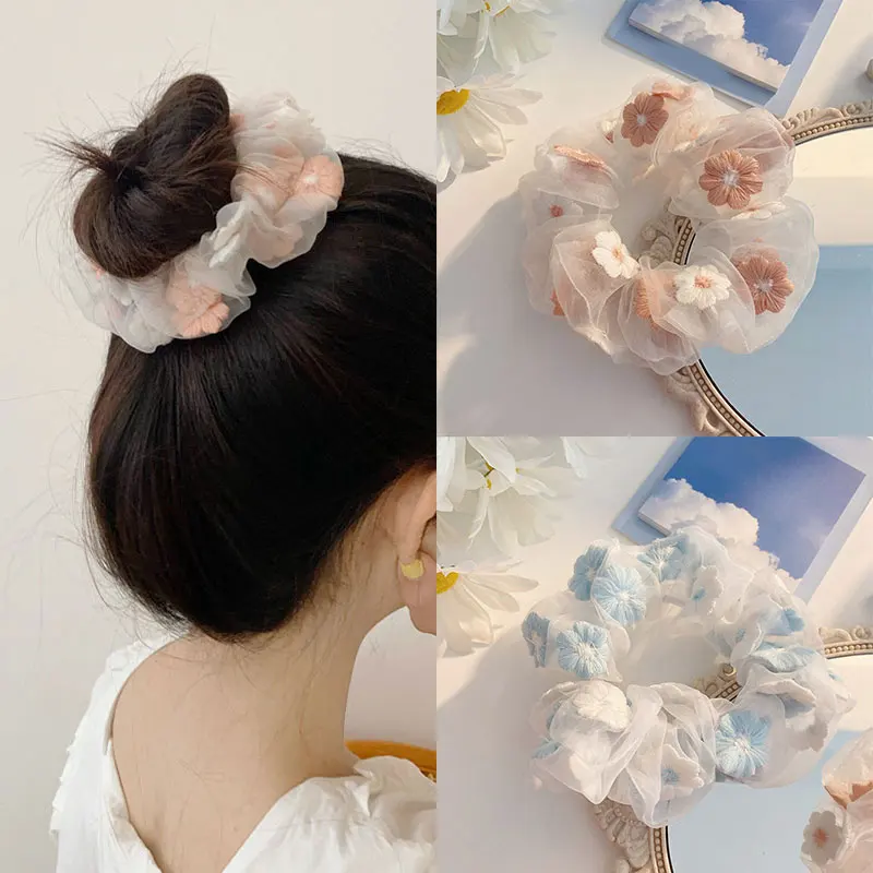 

Embroidery Flowers Hair Rope Romantic Pink Blue Organza Hair Tie Mesh Scrunchies Ponytail Transparent Tulle Hair Accessories