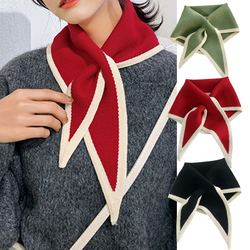 

New Women Triangular Scarves Winter Woolen Knit Elastic Bow Cross Warm Scarf Female Solid Color Soft False Collar Neck Guard