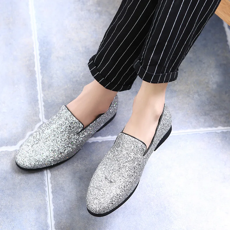

Glitter Mens Loafers Party Shoes Men Suit Size37-48 British Style Sliver Gold Office Shoes Men Black Dress Shoes Formal Men Shoe