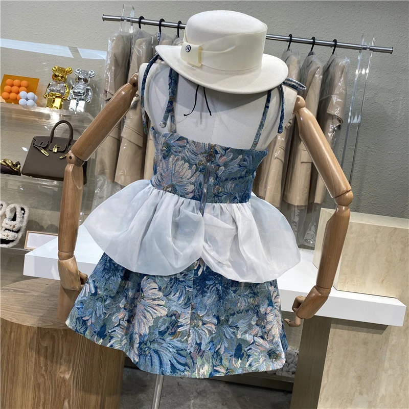 

Vintage Painting Jacquard Stitching Dress for Women Girl Princess Suspender Ball Gown Dress Female Vacation Mini Dress