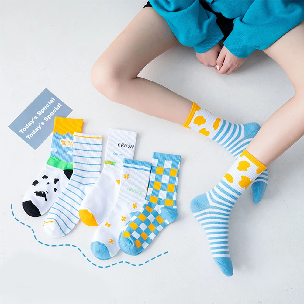 

Носки в полоску, с забавным принтом коровы, белые Мультяшные носки, уютные носки в стиле Харадзюку, женские милые носки с животными