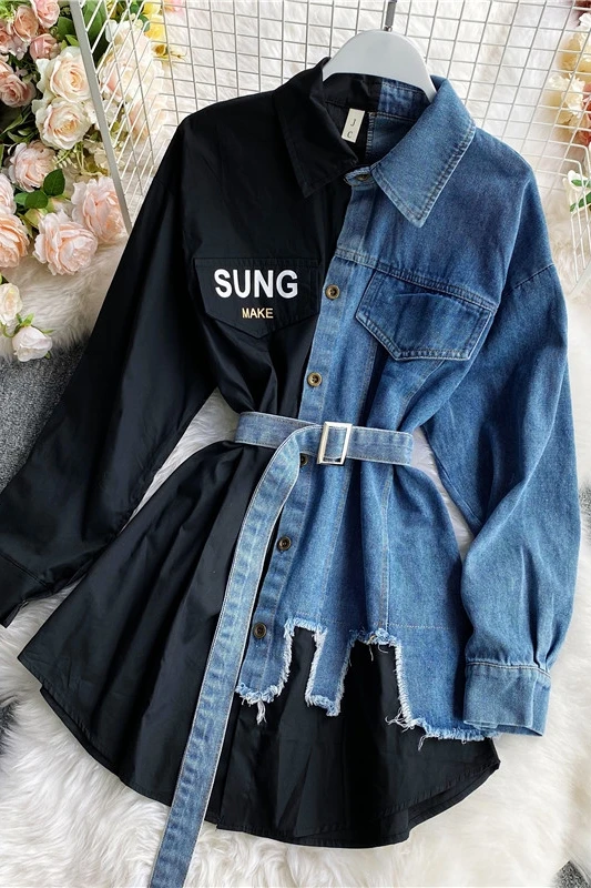 

Long-sleeved denim stitching dress female 2021 spring new Korean version of the waist was thin irregular shirt ins tide