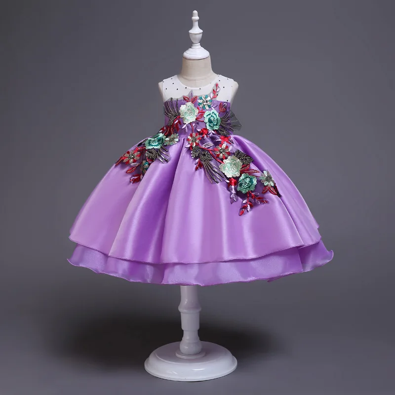 

New 4-9 year old girl baby embroidered dress bow tie cute fluffy satin princess dress party performance dress