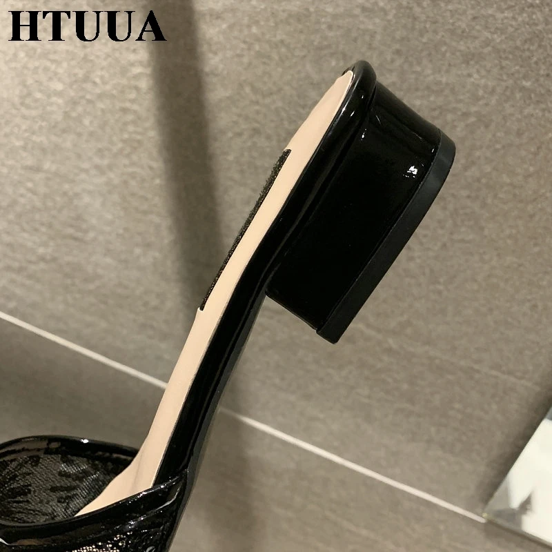 HTUUA/; вышитые шлепанцы с дышащей сеткой; женские шлепанцы с острым носком; шлепанцы на маленьком каблуке; Летняя женская обувь; SX2520