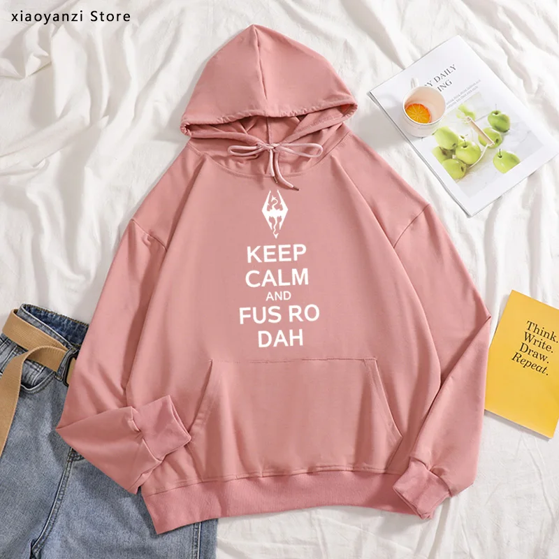 

Keep Calm And Fus Ro Dah Skyrim women hoodies Letter Printed Cotton O-neck Fashion sportswear pullovers Casual girls sweatshirts