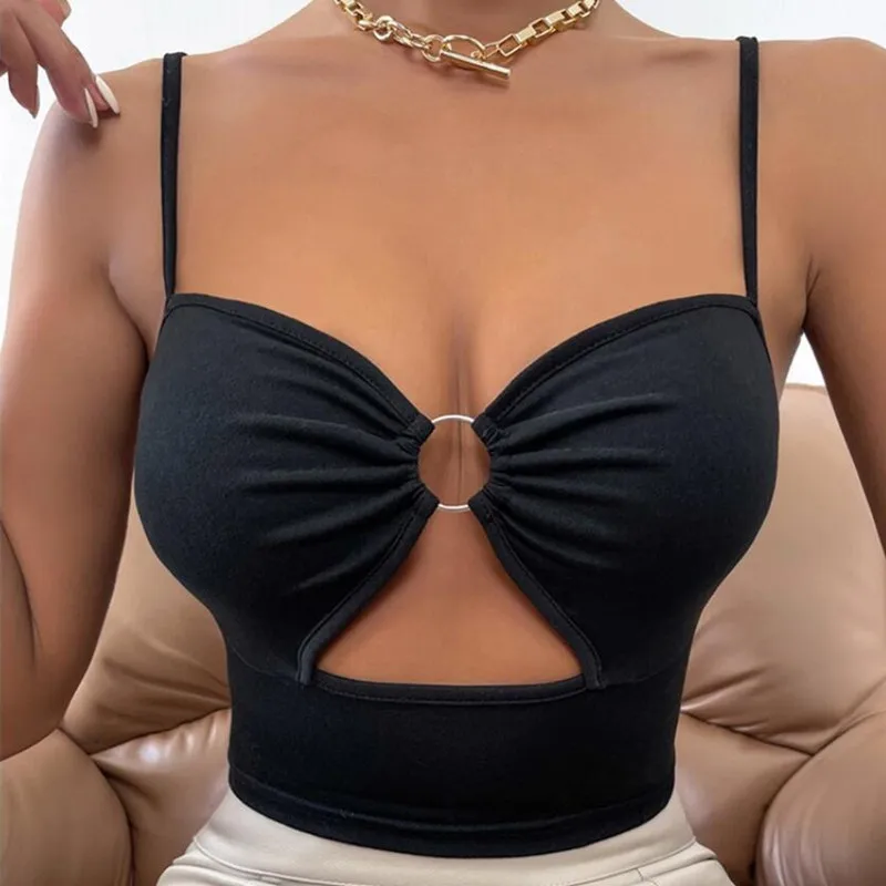 

New Fashion Solid color stitching Round ring hollow wrapped chest sexy Camisole women All-match Corset Female Tanks Top q557