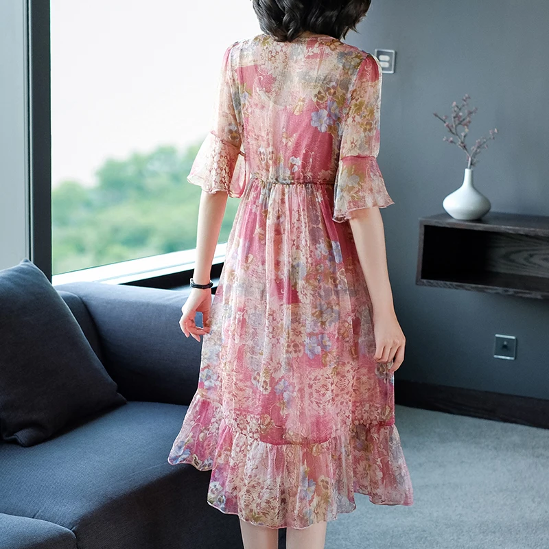 

COIGARSAM Women Dress Summer 2021 New Casual Ruffles Print Silk Short Sleeve Spaghetti Strap Beading V-Neck Red Blue Dresses