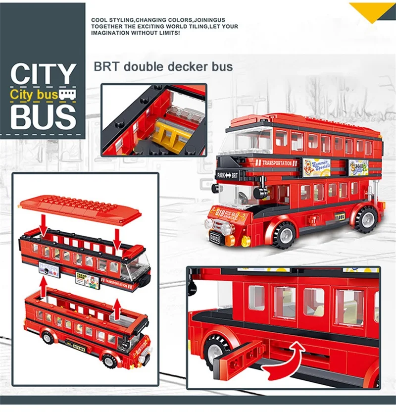 398 штук DIY серии автомобилей строительные блоки игрушка красный двойной автобус