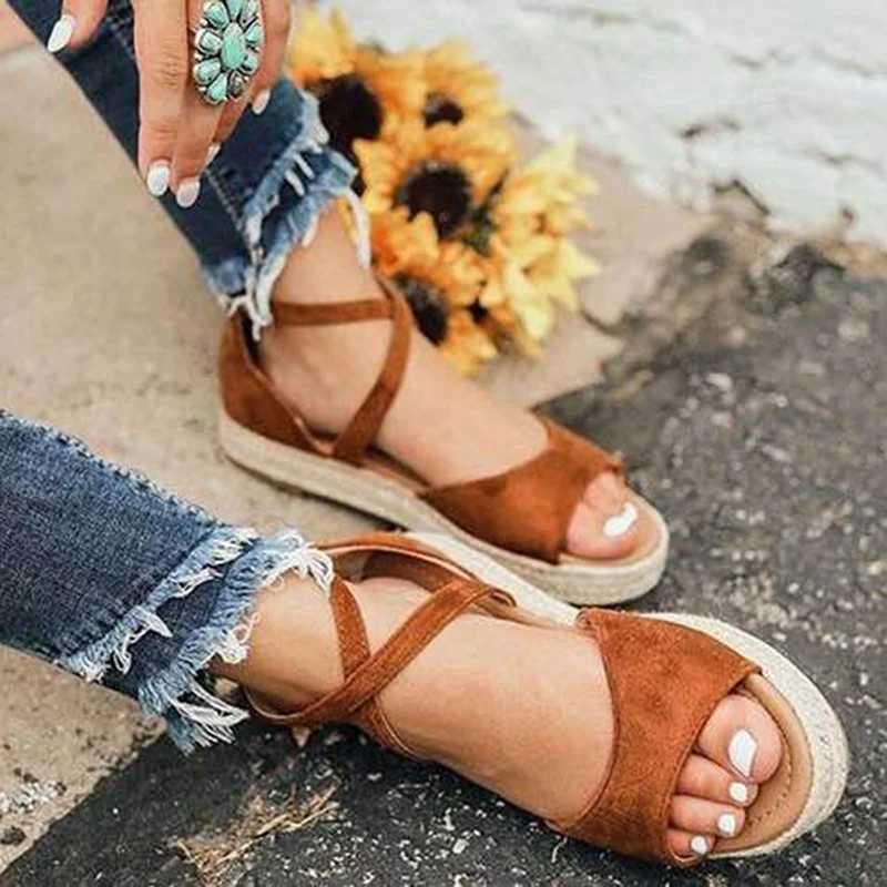 

New Sandals Women 2020 Spring Summer Ethnic Bandage Straw Roman Sandals Students Flat Open Baotou Cotton Linen Beach Shoes