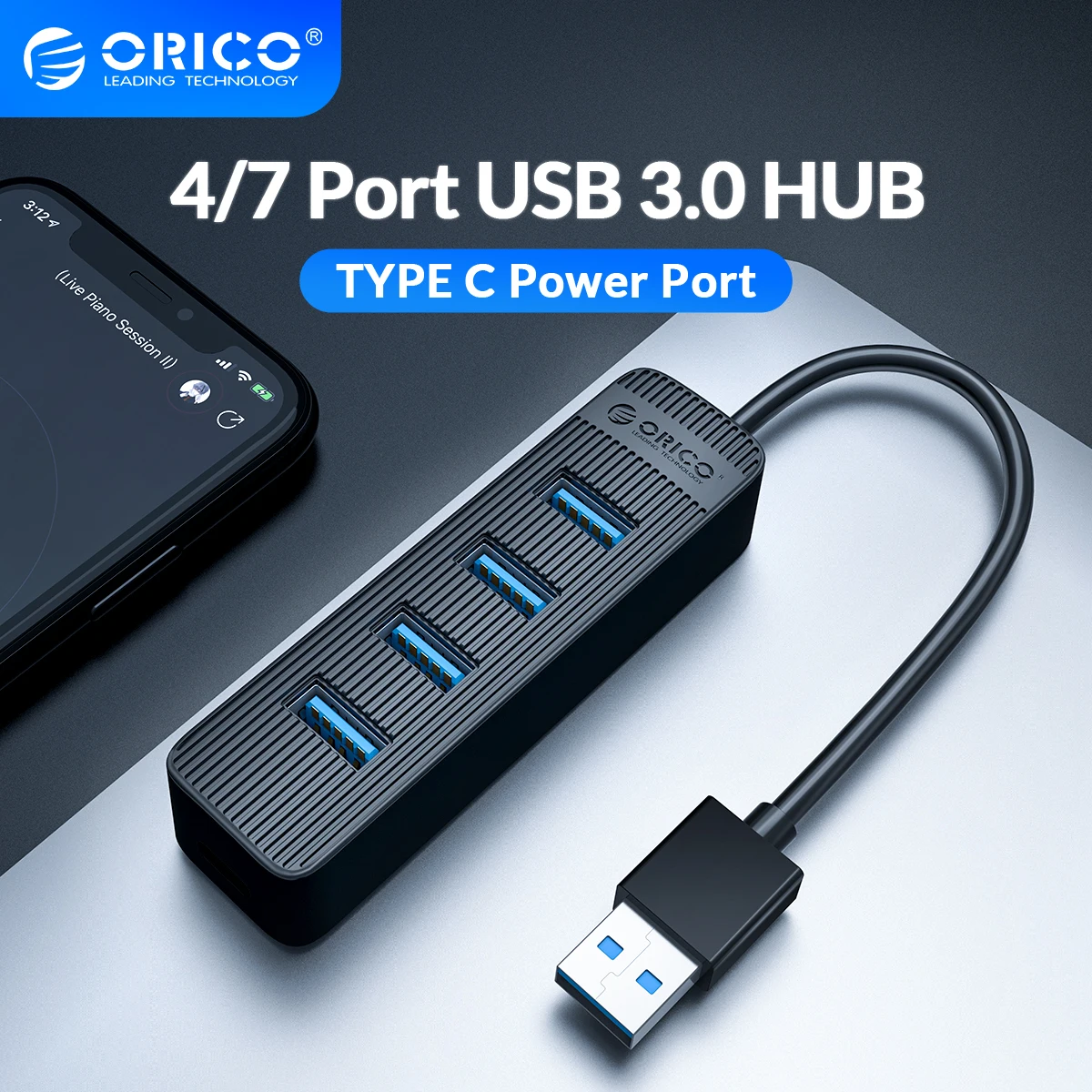 

ORICO 4 Port USB 3.0 HUB With Type C Power Supply Port For PC Laptop Computer Accessories ABS USB Splitter USB3.0 OTG Adapter