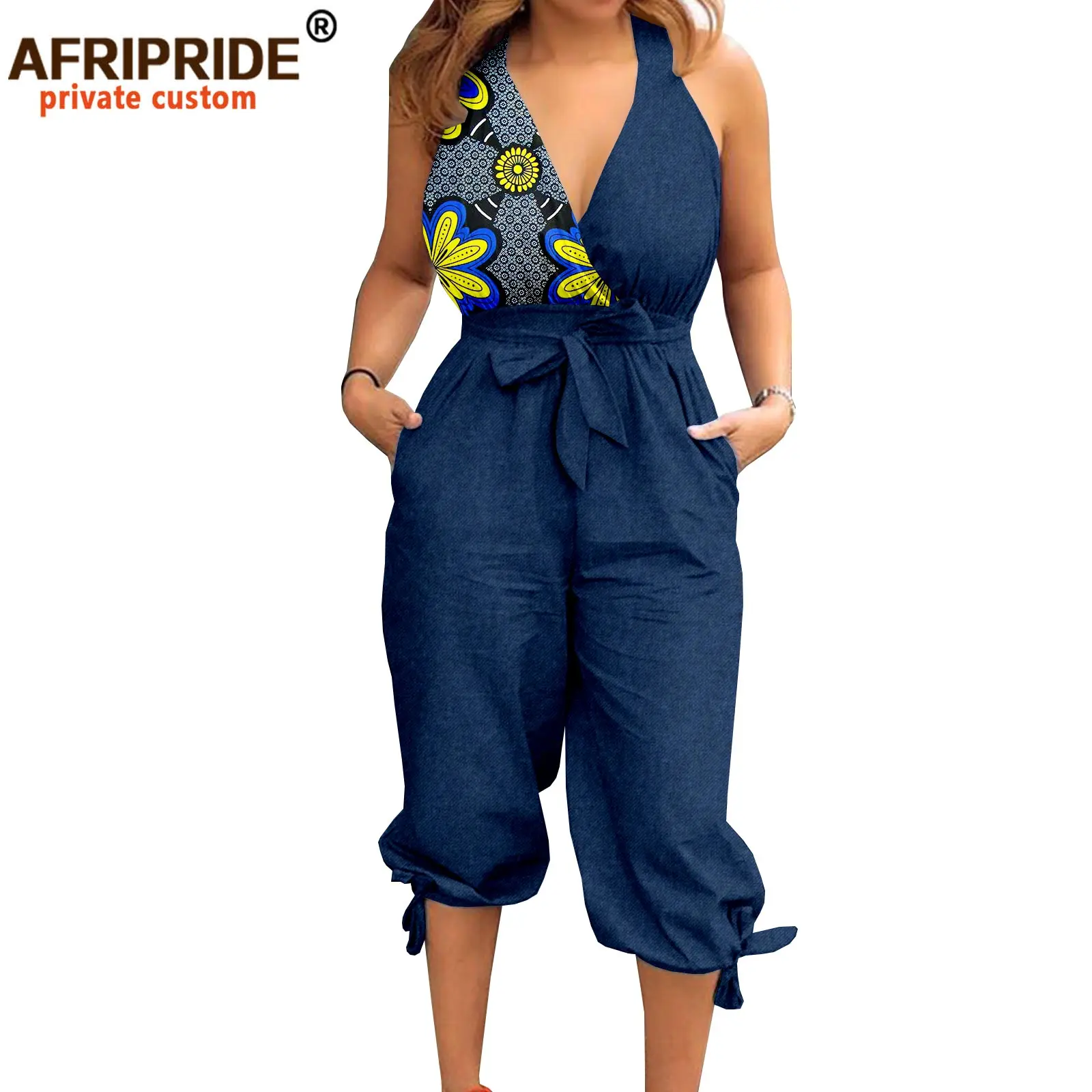 Afripride Women's Ankara&Denim Patchwork Jumpsuit Tailor Made Sleeveless Mid-calf Length Jumper with Sash A2129002