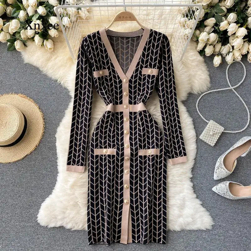 

V-Neck Sweater Dressnew Autumn Midi Dresses 2021 Single Breasted Long-Sleeved Bodycon Slim Fit Women Chic Office Clothing Outfit