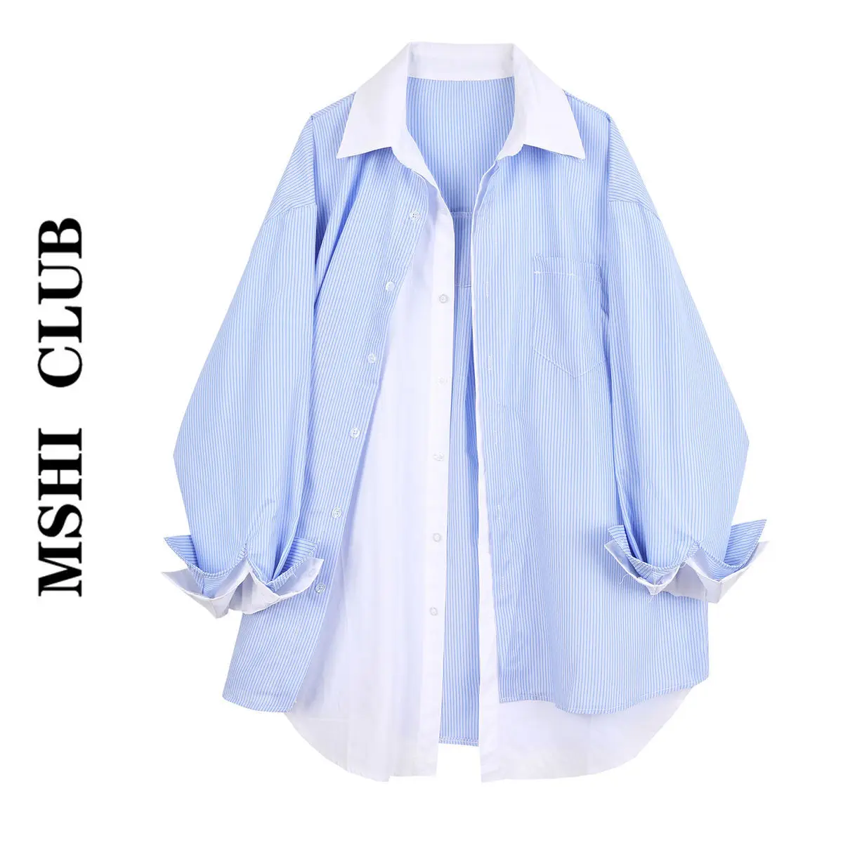 Лоскутные рубашки синяя полосатая рубашка с длинным рукавом Женская Корейская