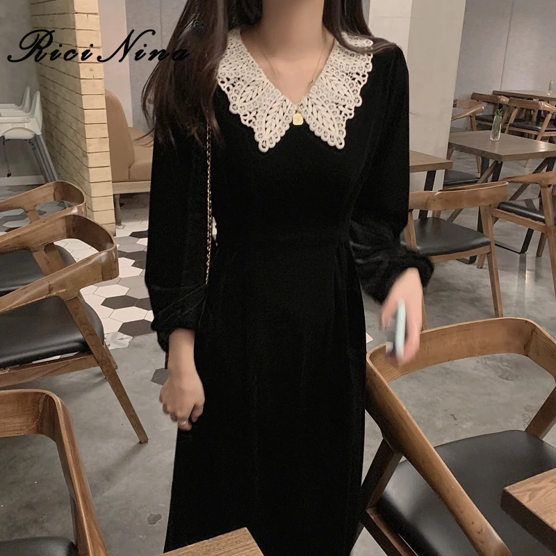 RICININA женское весеннее платье с длинным рукавом воротник Питер Пэн однотонное