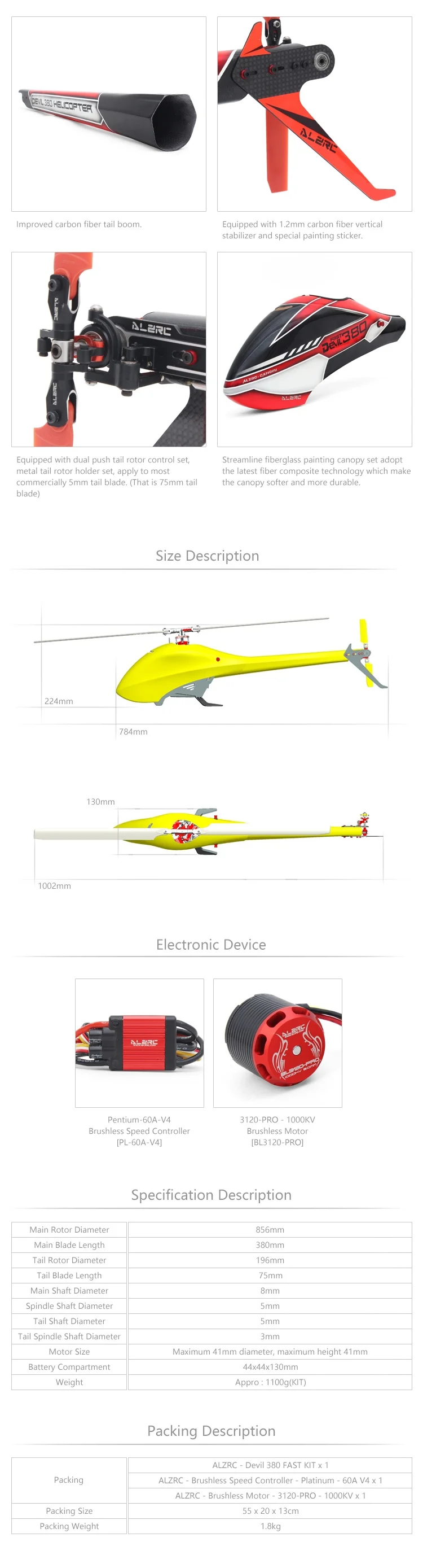 ALZRC-Devil 380 FAST FBL Combo 380 RC вертолет подходит SAB 380-серебристый/черный
