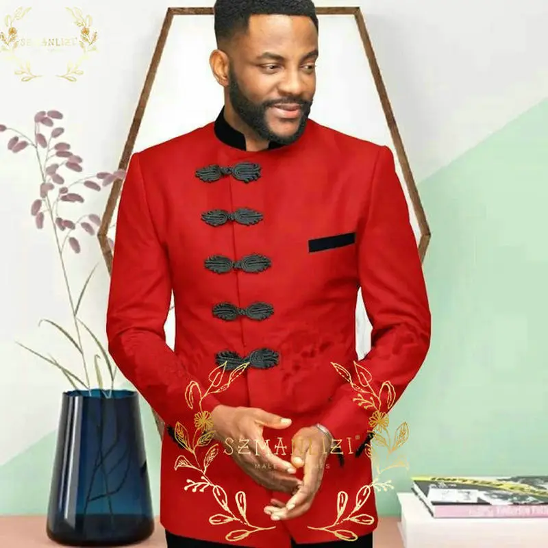 SZMANLIZI Costume Homme African Design Red Stand Collar Men Suits Wedding Tuxedos Terno Masculino Slim Fit Groom Blazer Pants