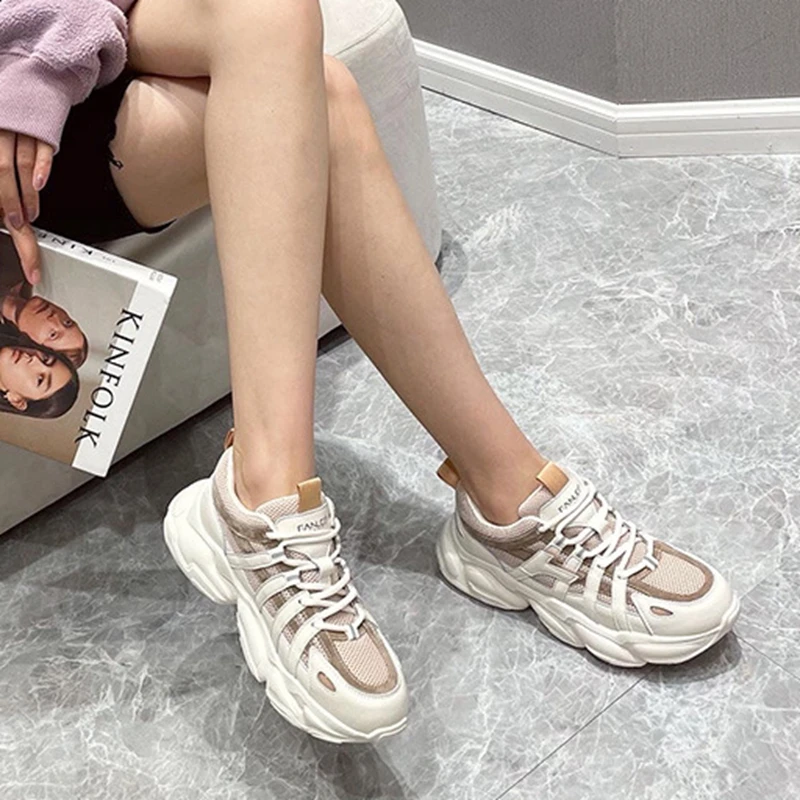 

Coolcept Real Leather Chunky Sneakers Women Flat Platform Shoes Fashion Cross Strap Thick Bottom Casual Shoes Outdoor Size 35-40