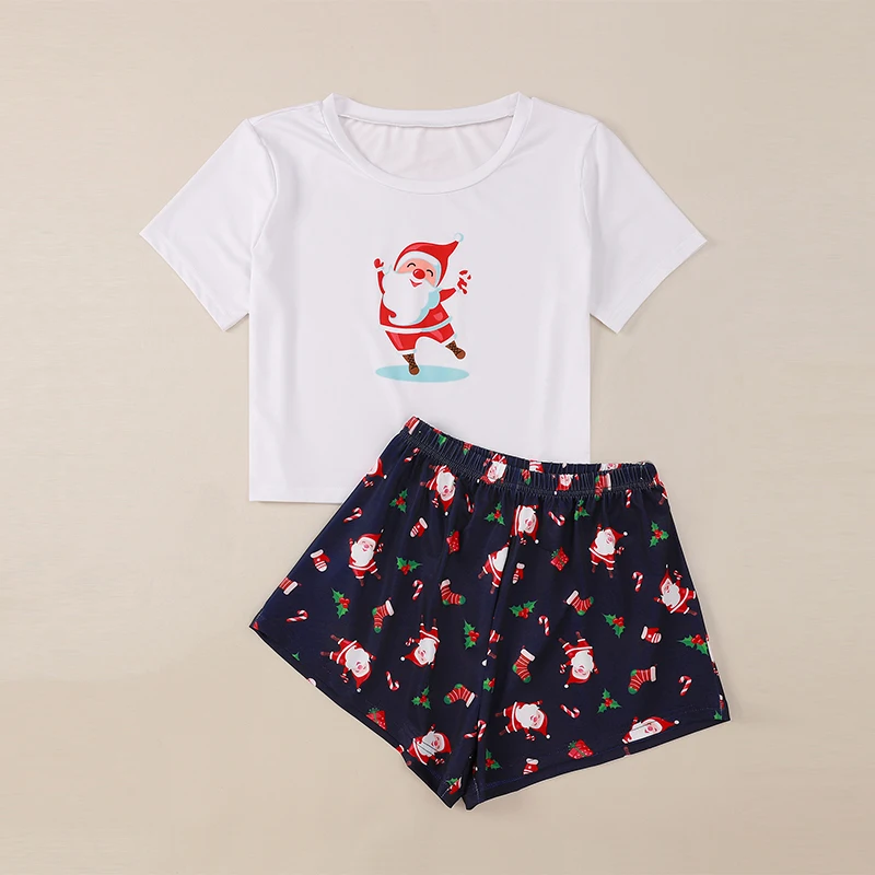 

2020 Casual Santa Claus Cartoon Print Short Sleeve Tshirt Shorts Women Sets Christmas Party Women Pajama Sets Dropshipping
