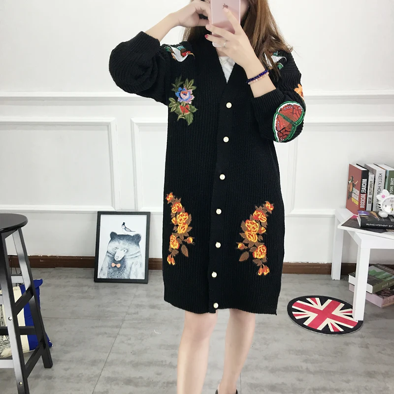 Women Sweaters And Pull European New Butterfly Flower Tiger Pattern Heavy Cardigan Medium Single Breasted Sweater Coat |