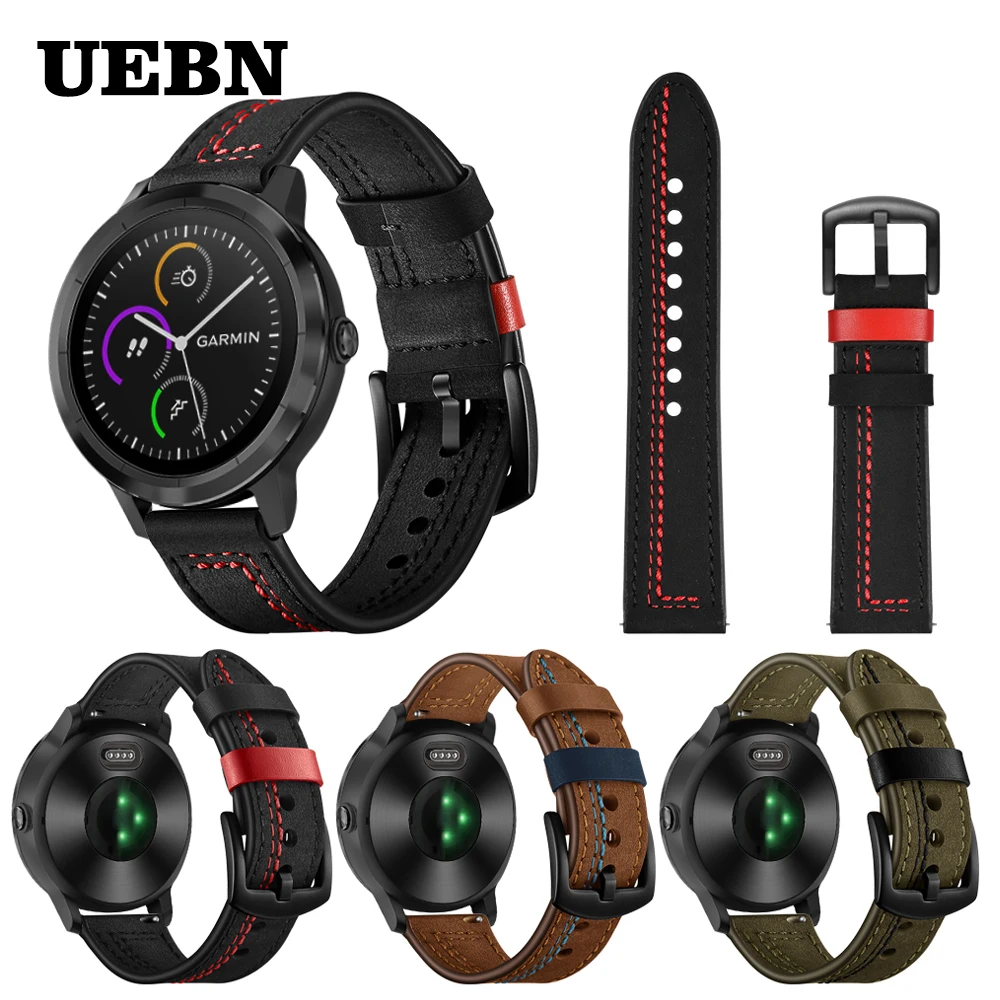 Ремешок UEBN кожаный для наручных часов 20 мм Garmin CAME Vivoactive 3 HR Move Forerunner 245 645|Ремешки