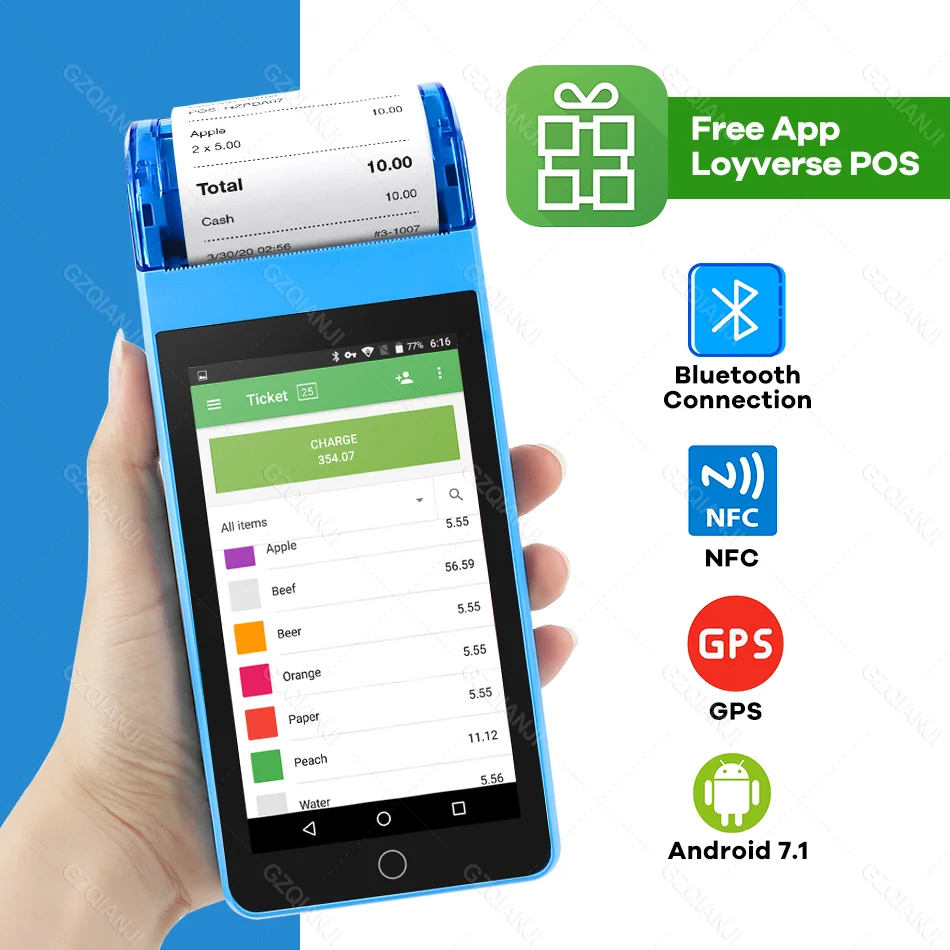Андроид POS PDA портативный терминал с беспроводным термопринтером 58 мм, камерой, 3G, Wi-Fi и печатью чеков.