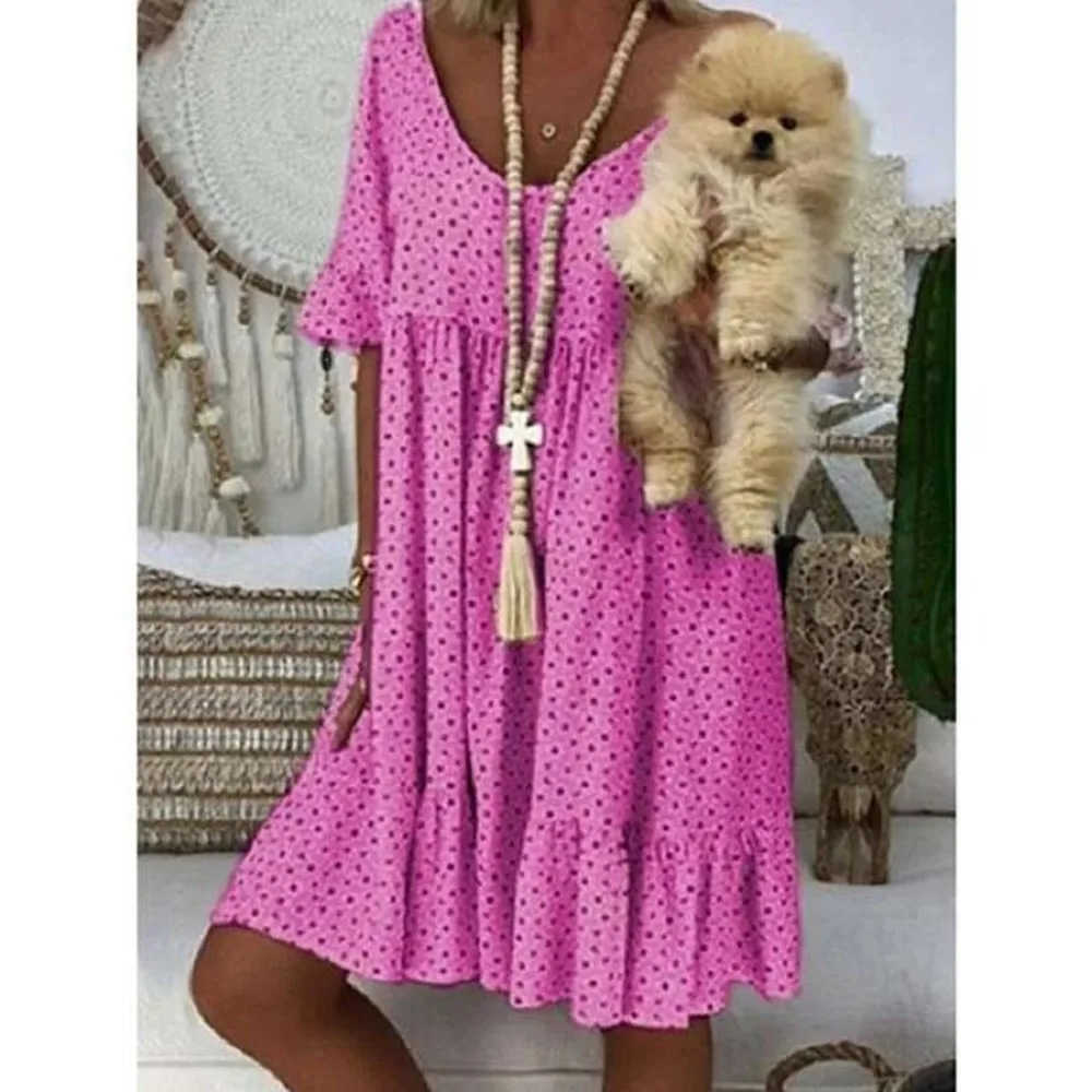 

Lugentolo Plus Size Summer Dress Women Loose Casual Print Short Sleeve Round Neck Big Swing A-Line Knee-Length Dresses