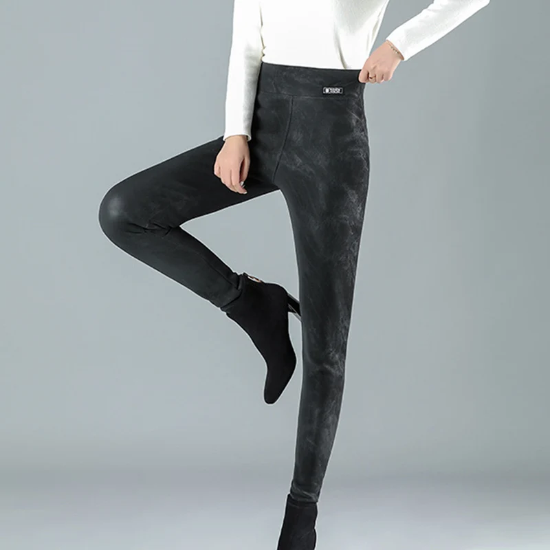 Женские толстые теплые штаны из искусственной кожи с высокой талией облегающие