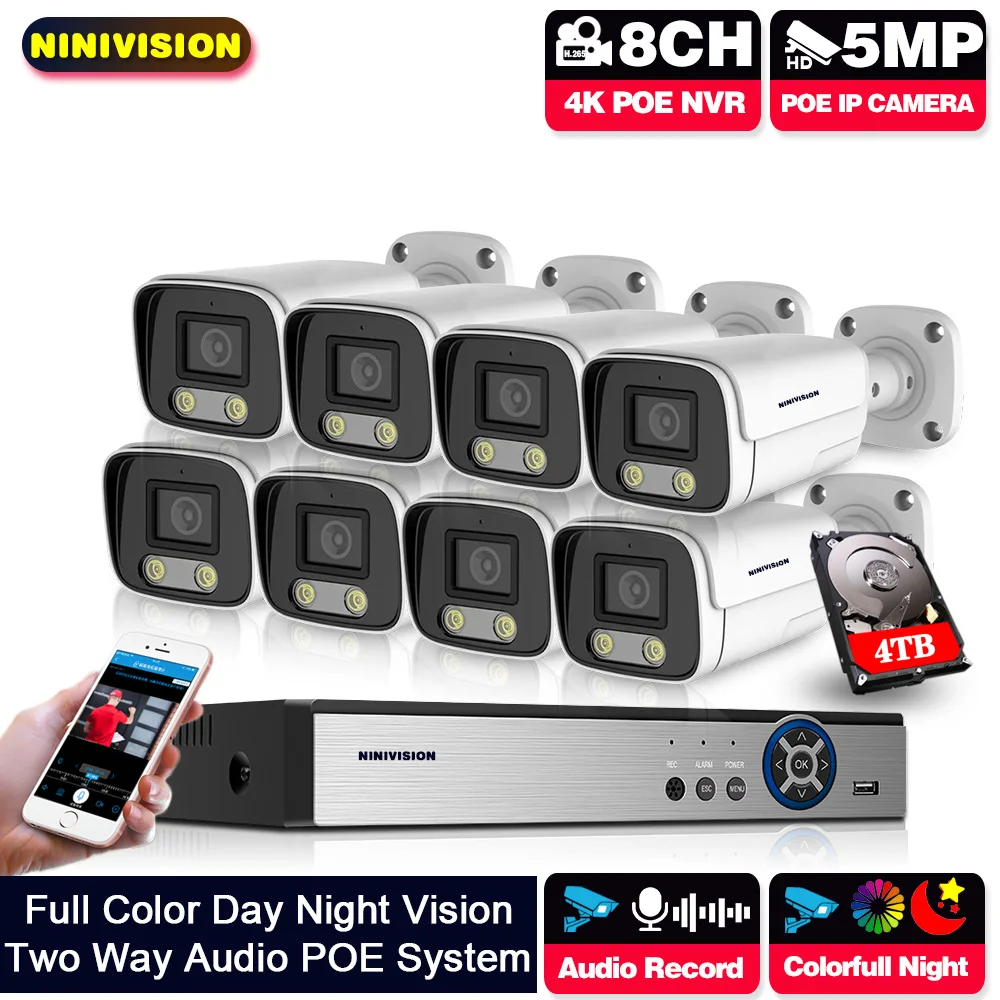 

NINIVISION AI 4K 8CH System 5MP POE CCTV Security NVR Kit Human Detection Two Way Audio Outdoor IP Camera Surveillance System