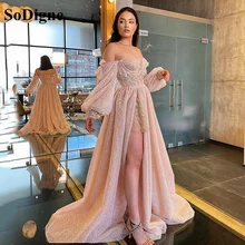 SoDigne Sequined Long Sleeves Evening Dresses Pink Split Beaded Appliques Arabic Formal Prom Gowns For Party (1)