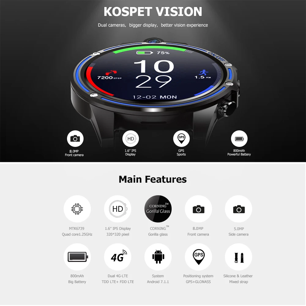 Смарт часы Kospet Vision 4G сетевые 3 гб озу + 32 пзу двойная камера IPS длительный режим