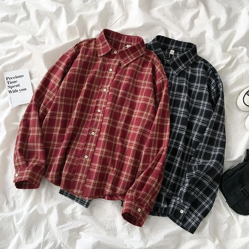 

Women Shirts Plaid Casual Loose Long Sleeve Blouses Button Up Female Fashion Tops All-match Vintage Retro Turn-down Collar Chic