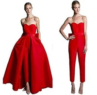 red sweetheart jumpsuits evening dresses 2021 pockets with detachable skirt pants prom formal gown vestidos de noiva