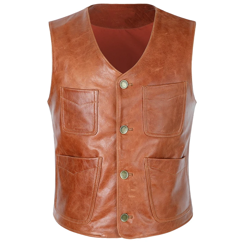 

2020 Light Brown Men Four Pockets Casual Genuine Cowhide Autumn Slim Fit Short Natural Leather Vest