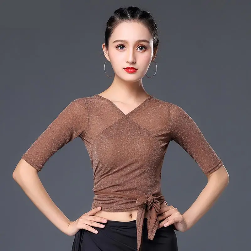 Женский тренировочный топ для латинских танцев черный сетчатый с коротким