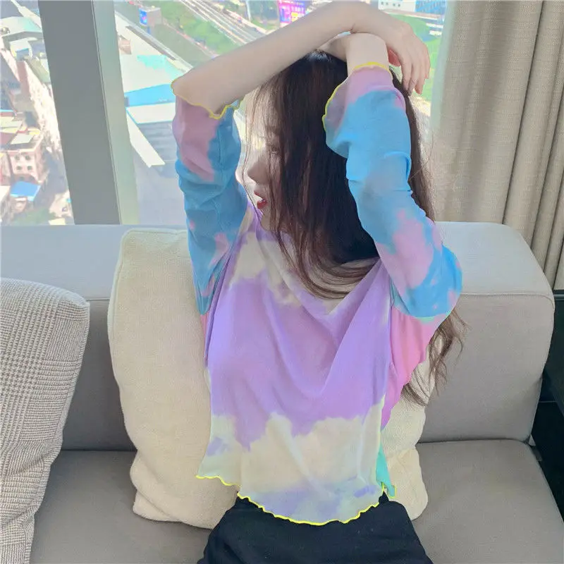 Bella 2020 new Tie Dye Mesh Top Long Sleeve T Shirt Aesthetic Summer Sky Print Tshirt Frill Crop Tee Purple Vintage Korean | Женская