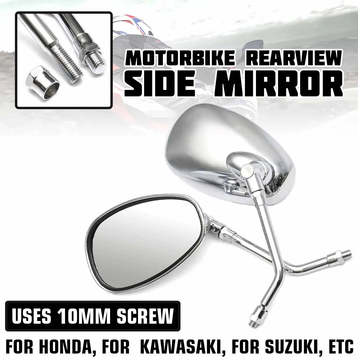 

Pair 10mm Universal Motorcycle Rear View Mirror Rearview Side Wing Mirrors Silver For Honda/Kawasaki/Suzuki