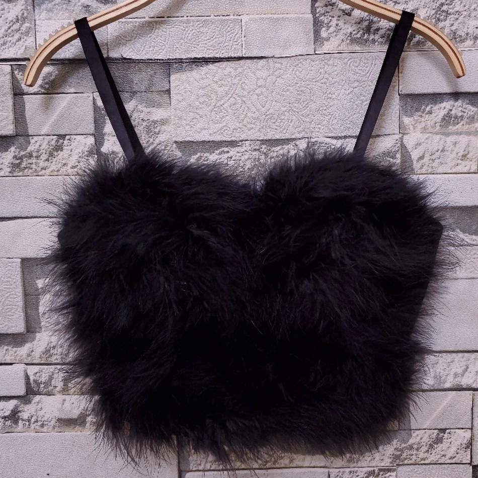 Miss Water 2020 New Summer Women Black Tops Sexy Faux Fur Spaghetti Strap Sleeveless Hot Top Club Celebrity Party Tops Vestidos