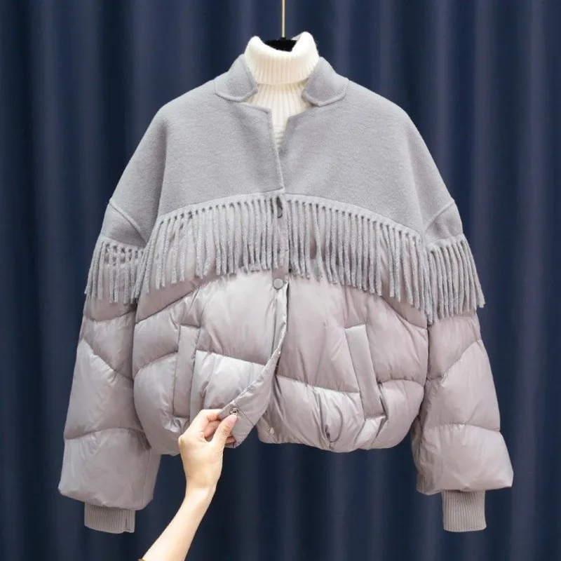 

Tassel Stitching Down Cotton Jacket Ladies Fashion Stand Collar Loose Casual Winter Coat Female Warm Cotton Overcoat