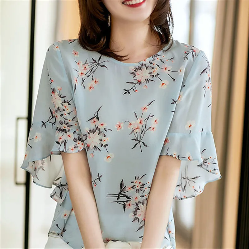 

Spring Summer Chiffon Women Fashion Ladies Blouses Elegant Print O-Neck Half Sleeves Ruffle Casual Loose Tops Blusas MM0426