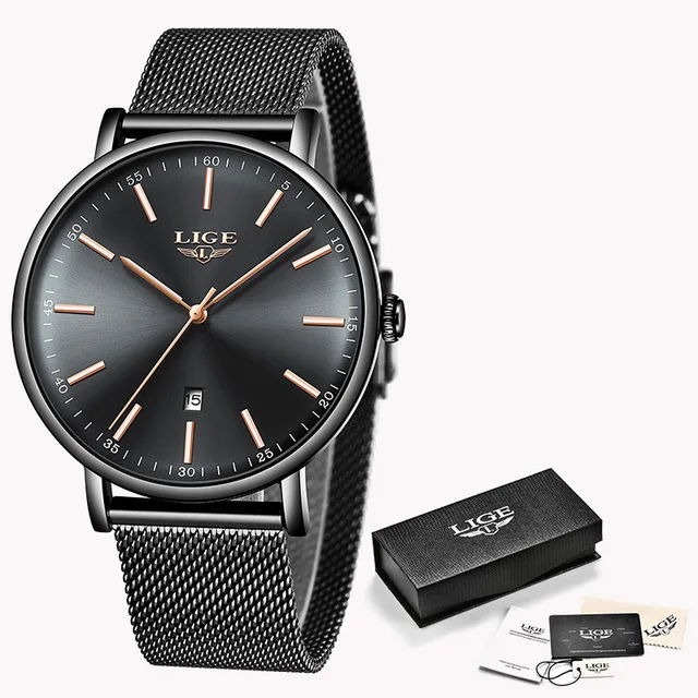 black Rose gold Для женщин часы lige top бренд класса люкс Для женщин модные Повседневное все Сталь ультра-тонкий пояс сетки кварцевые наручные часы Feminino+ коробка - Цвет: black Rose gold
