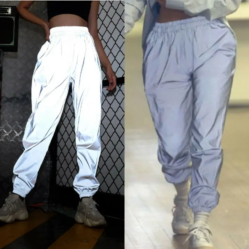 

2021 Reflective Pants Women Casual Trousers High Waist Elastic Long Pants Fashion Cool Female Club Trouser Pants