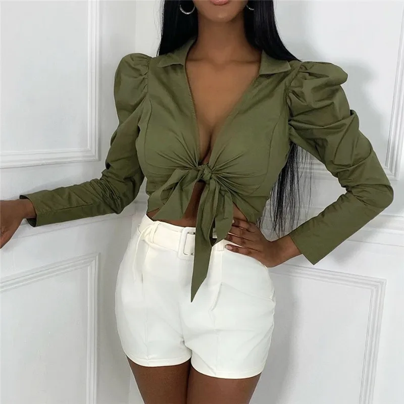 

Women Shirt Blouse Fall Spring Long Sleeve Deep V Bandage Slim Fit Cropped Tops Ladies Fashio Streetwear Cardigan Lapel Shirt