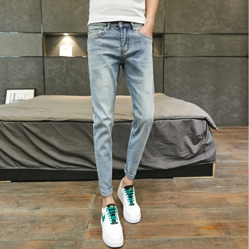 Джинсы мужские летние тонкие узкие брюки светло-голубого цвета 9 моделей в
