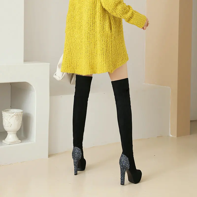 

Sexy bling Boots For Women 2020 Newest rouned Toe High Heels Shoes Woman Fashion Wedding Working Over The Knee Boots