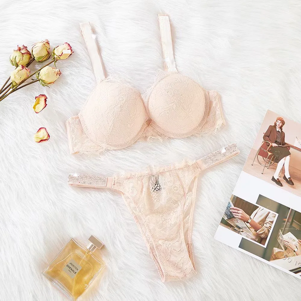 Sexy Women Lace 2Pcs Push Up Solid Bra Set Rhinestones Letter Two Pieces Intimate Suit Elegant Ladies Lingerie Underwear