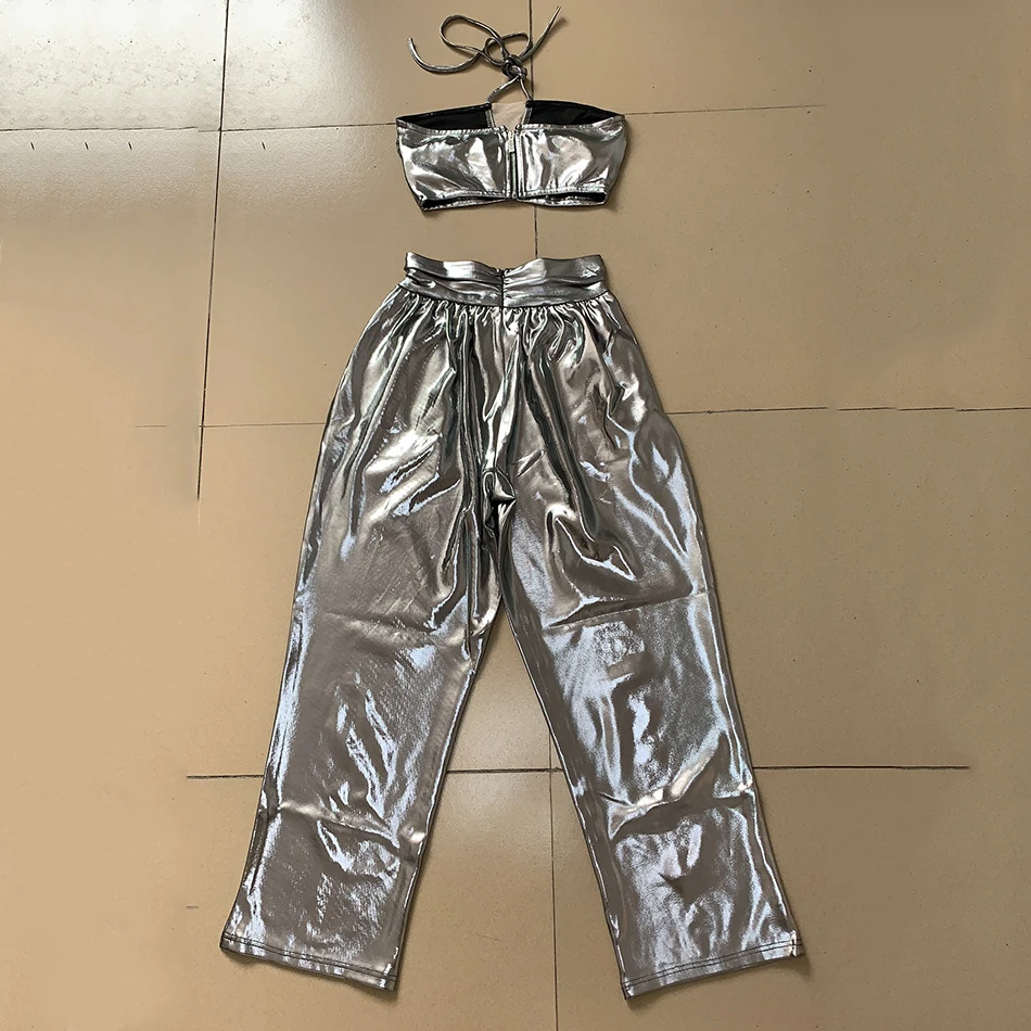 Женский серебристый Топ без рукавов с лямкой на шее и брюки высокой талией