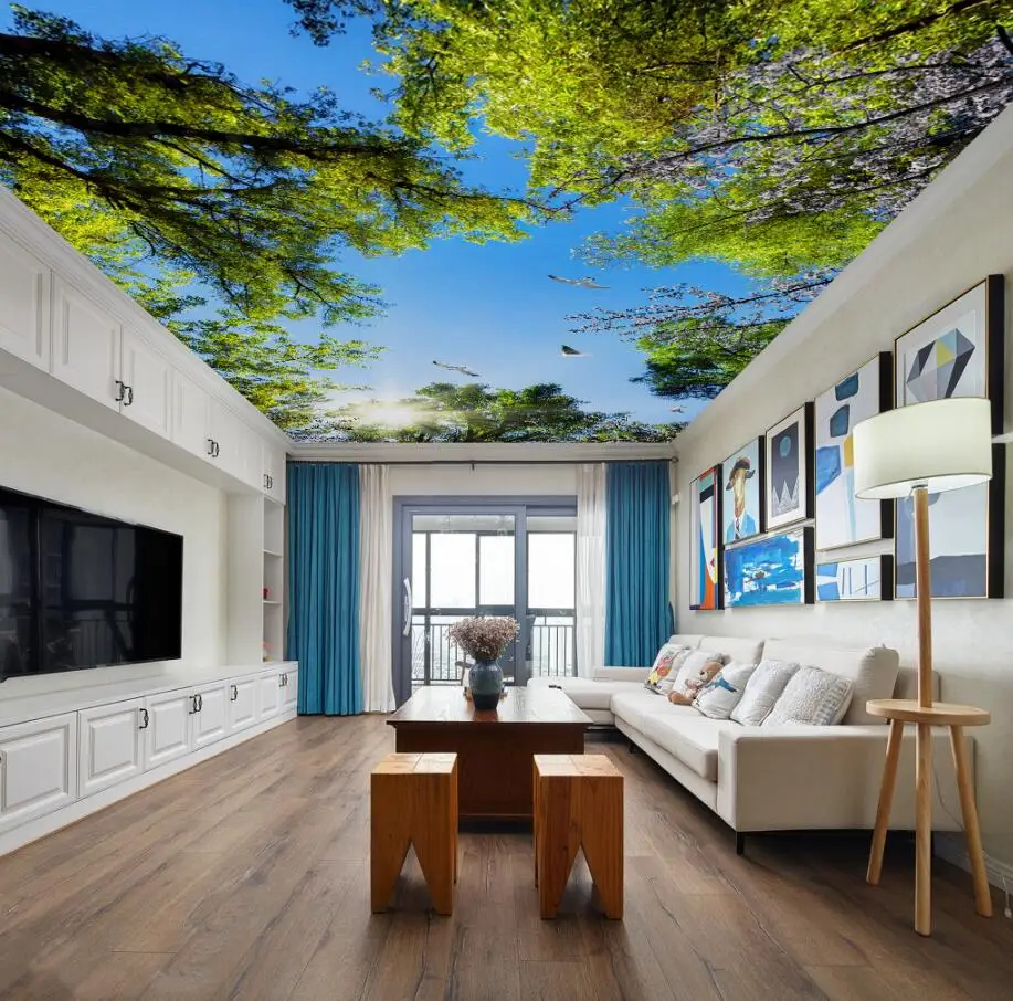 Oil painting style blue sky white clouds green leaves ceiling mural Bedroom Living Room Ceiling Decoration | Обустройство дома