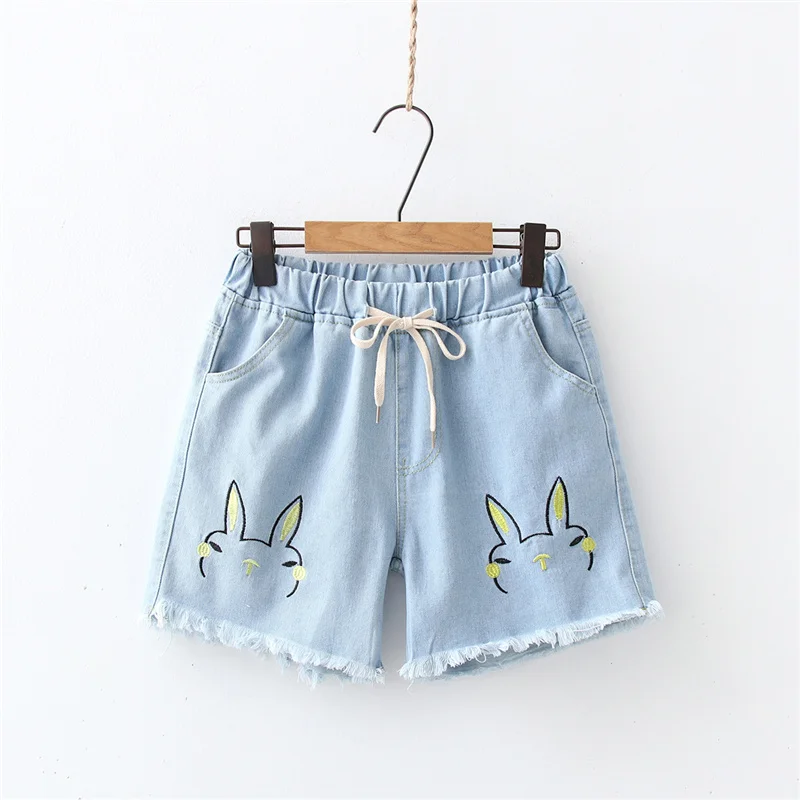 

Kawaii Jean Shorts Women Summer Vintage Casual Girls Fashion High Waisted Cute Cartoon Bunny 2021 Korean Style Blue Denim Shorts